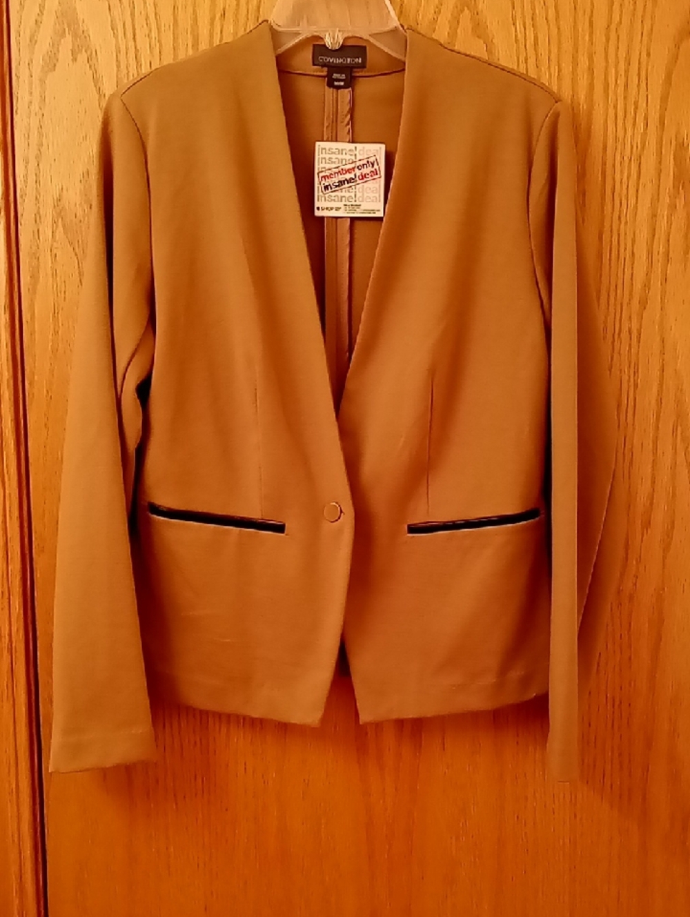 NWT Covington Women's Tan Open-Front Blazer with Faux-Leather Trim